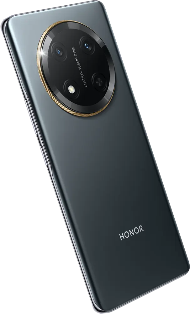 Smartphone Honor X9C en color negro con aro dorado en la cámara y pantalla curva