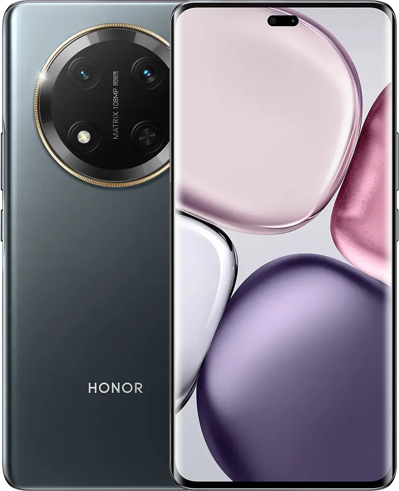 Smartphone Honor X9C en color negro con aro dorado en la cámara y pantalla curva